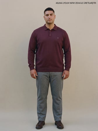 Maccali Bordo Erkek Büyük Beden Kışlık Uzun Kollu Pike Polo Yaka Tişört