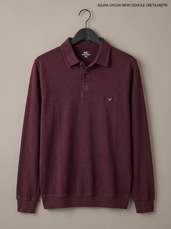 Maccali Bordo Erkek Büyük Beden Kışlık Uzun Kollu Pike Polo Yaka Tişört