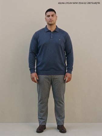 Maccali Lacivert Erkek Büyük Beden Kışlık Uzun Kollu Pike Polo Yaka Tişört