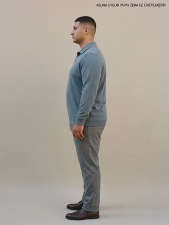 Maccali Mavi Gri Erkek Büyük Beden Kışlık Uzun Kollu Pike Polo Yaka Tişört