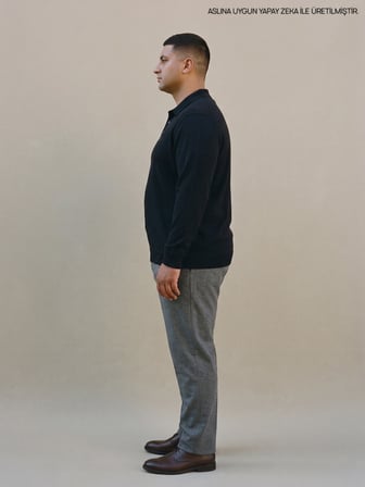 Maccali Siyah Erkek Büyük Beden Kışlık Uzun Kollu Pike Polo Yaka Tişört