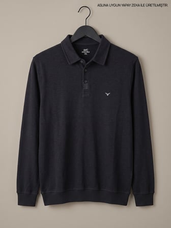 Maccali Siyah Erkek Büyük Beden Kışlık Uzun Kollu Pike Polo Yaka Tişört