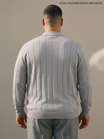 Maccali Açık Gri Erkek Büyük Beden Çizgili Fermuarlı Polo Yaka Triko Kazak
