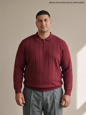 Maccali Bordo Erkek Büyük Beden Çizgili Fermuarlı Polo Yaka Triko Kazak
