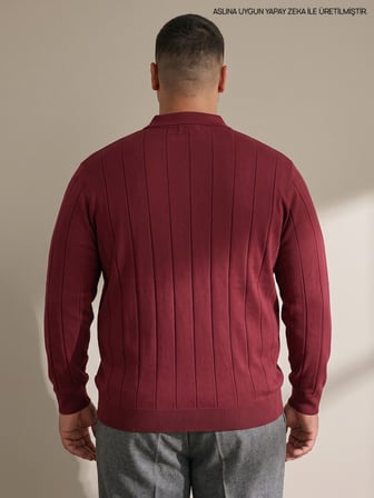 Maccali Bordo Erkek Büyük Beden Çizgili Fermuarlı Polo Yaka Triko Kazak
