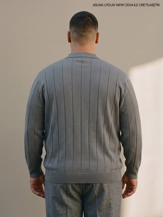 Maccali Gri Erkek Büyük Beden Çizgili Fermuarlı Polo Yaka Triko Kazak