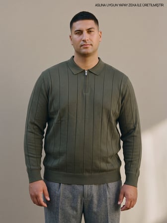 Maccali Haki Erkek Büyük Beden Çizgili Fermuarlı Polo Yaka Triko Kazak