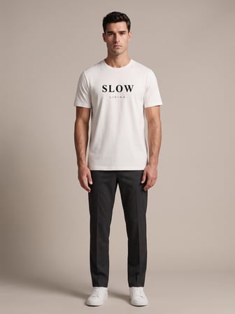 Maccali Beyaz Erkek Slow Living Baskılı Bisiklet Yaka Bol Kesim Tişört