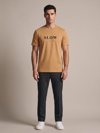 Maccali Camel Erkek Slow Living Baskılı Bisiklet Yaka Bol Kesim Tişört