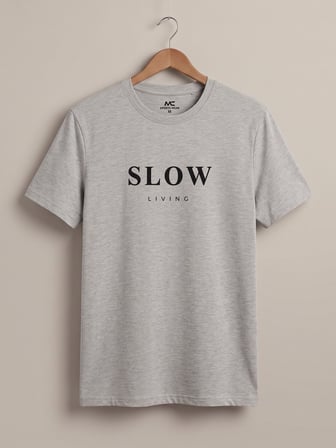 Maccali Gri Erkek Slow Living Baskılı Bisiklet Yaka Bol Kesim Tişört