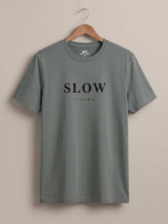 Maccali Haki Erkek Slow Living Baskılı Bisiklet Yaka Bol Kesim Tişört