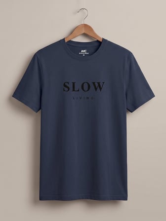 Maccali Lacivert Erkek Slow Living Baskılı Bisiklet Yaka Bol Kesim Tişört