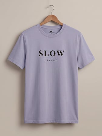 Maccali Lila Erkek Slow Living Baskılı Bisiklet Yaka Bol Kesim Tişört