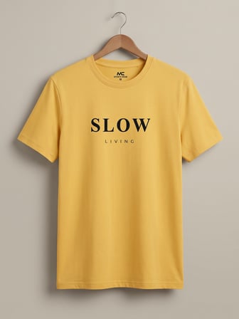 Maccali Sarı Erkek Slow Living Baskılı Bisiklet Yaka Bol Kesim Tişört