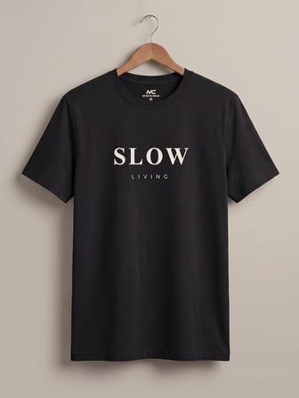 Maccali Siyah Erkek Slow Living Baskılı Bisiklet Yaka Bol Kesim Tişört