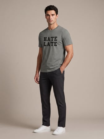 Maccali Haki Erkek Hate Late Baskılı Bisiklet Yaka Bol Kesim Tişört