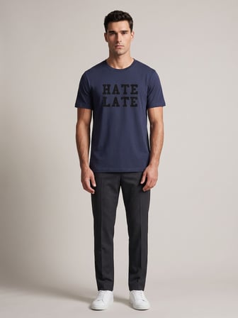 Maccali Lacivert Erkek Hate Late Baskılı Bisiklet Yaka Bol Kesim Tişört