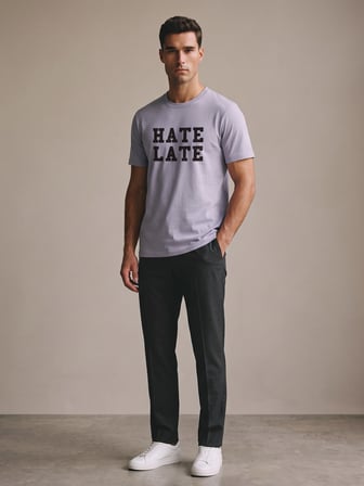 Maccali Lila Erkek Hate Late Baskılı Bisiklet Yaka Bol Kesim Tişört