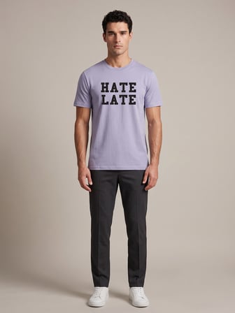 Maccali Lila Erkek Hate Late Baskılı Bisiklet Yaka Bol Kesim Tişört