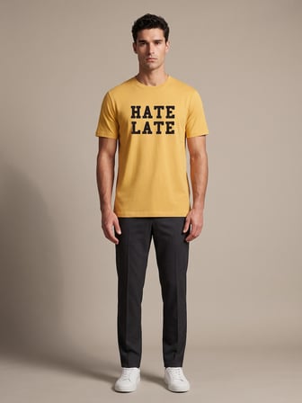Maccali Sarı Erkek Hate Late Baskılı Bisiklet Yaka Bol Kesim Tişört