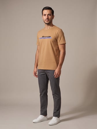 Maccali Camel Erkek Attitude Baskılı Bisiklet Yaka Bol Kesim Tişört
