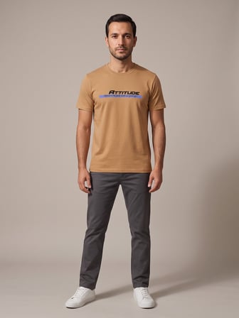 Maccali Camel Erkek Attitude Baskılı Bisiklet Yaka Bol Kesim Tişört