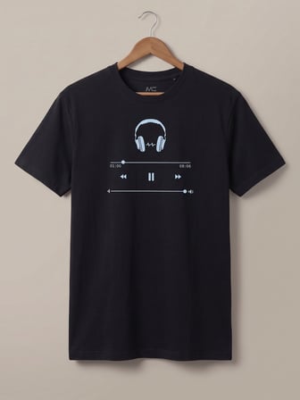 Maccali Siyah Erkek Müzik Çalar Baskılı Bisiklet Yaka Bol Kesim Tişört