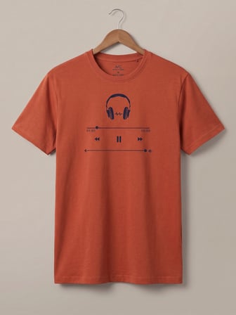 Maccali Turuncu Erkek Müzik Çalar Baskılı Bisiklet Yaka Bol Kesim Tişört