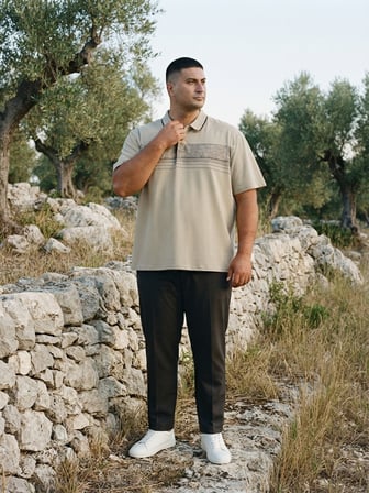 Maccali Bej Erkek Büyük Beden Dokulu Bantlı Polo Yaka Tişört