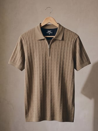 Maccali Bej Erkek Fitilli Triko Fermuarlı Polo Yaka Tişört