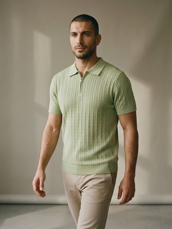 Maccali Mint Erkek Fitilli Triko Fermuarlı Polo Yaka Tişört