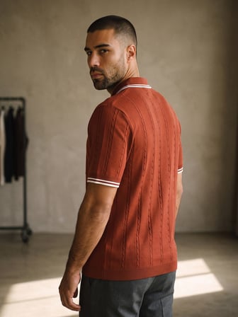 Maccali Bordo Erkek Çizgili Triko Fermuarlı Polo Yaka Tişört