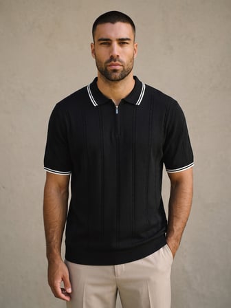 Maccali Siyah Erkek Çizgili Triko Fermuarlı Polo Yaka Tişört