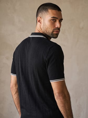 Maccali Siyah Erkek Çizgili Triko Fermuarlı Polo Yaka Tişört