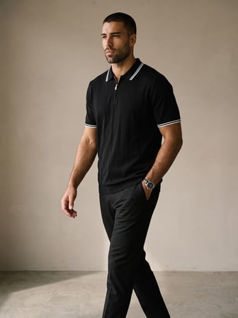 Maccali Siyah Erkek Çizgili Triko Fermuarlı Polo Yaka Tişört