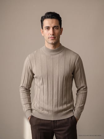 Maccali Bej Erkek Çizgili Yarım Balıkçı Triko Sweatshirt