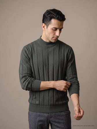 Maccali Haki Erkek Çizgili Yarım Balıkçı Triko Sweatshirt
