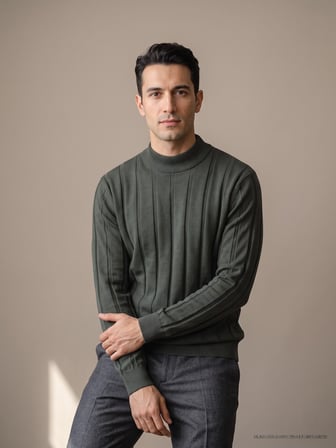 Maccali Haki Erkek Çizgili Yarım Balıkçı Triko Sweatshirt