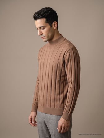 Maccali Taba Erkek Çizgili Yarım Balıkçı Triko Sweatshirt