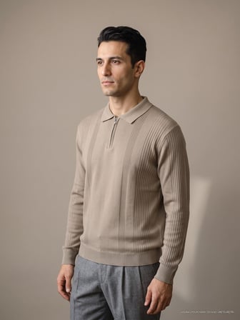 Maccali Bej Erkek Bantlı Fermuarlı Polo Yaka Triko Sweatshirt