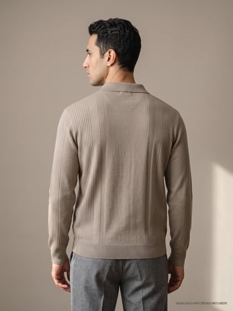 Maccali Bej Erkek Bantlı Fermuarlı Polo Yaka Triko Sweatshirt