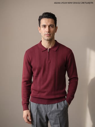 Maccali Bordo Erkek Bantlı Fermuarlı Polo Yaka Triko Kazak