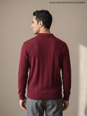 Maccali Bordo Erkek Bantlı Fermuarlı Polo Yaka Triko Kazak