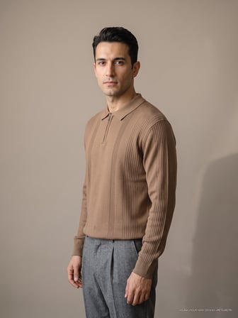 Maccali Taba Erkek Bantlı Fermuarlı Polo Yaka Triko Sweatshirt