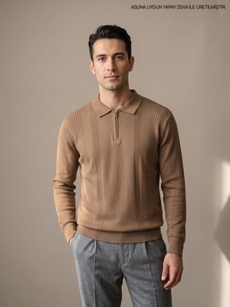 Maccali Taba Erkek Bantlı Fermuarlı Polo Yaka Triko Kazak