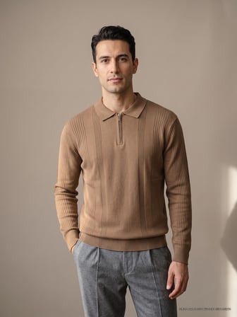 Maccali Taba Erkek Bantlı Fermuarlı Polo Yaka Triko Sweatshirt