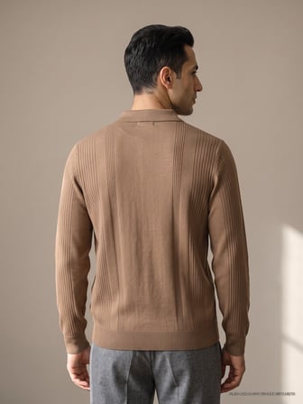 Maccali Taba Erkek Bantlı Fermuarlı Polo Yaka Triko Sweatshirt