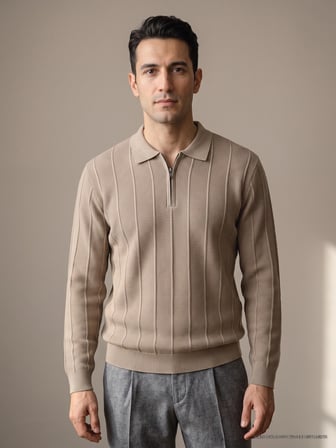 Maccali Bej Erkek Waffle Dokulu Fermuarlı Polo Yaka Triko Sweatshirt