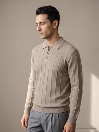 Maccali Bej Erkek Waffle Dokulu Fermuarlı Polo Yaka Triko Sweatshirt