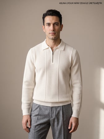 Maccali Beyaz Erkek Waffle Dokulu Fermuarlı Polo Yaka Triko Kazak